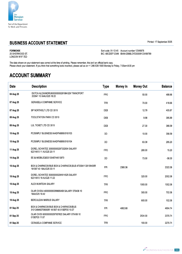 Download UK The Pension Service firm account statement Word and PDF template Photoshop template